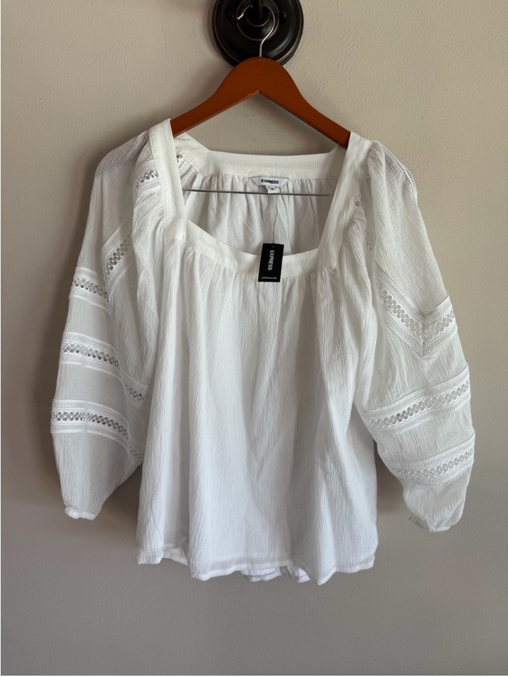 Express White Square Neck Peasant Blouse with Lace Insets
